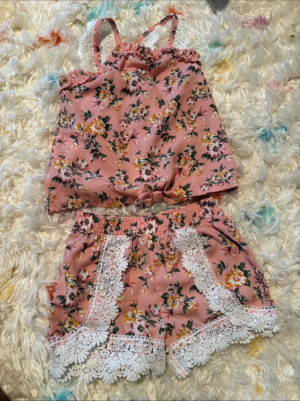Little Lass Pink Floral Lace-Trim Tank & Shorts Set
